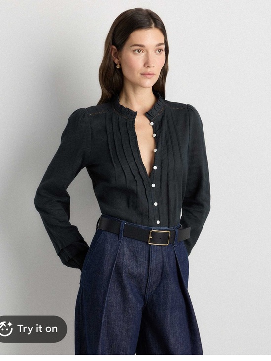 Quince Tops - Quince organic cotton pheasant Black Ruffled Button-Front Blouse M